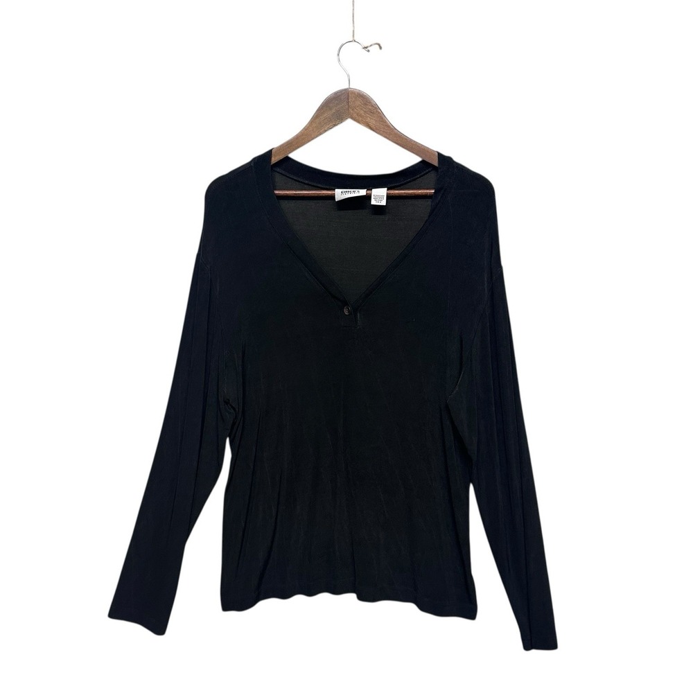 Chico's Top Women's Size 2 L 12/14 Black V-Neck Pullover Slinky Knit Long Sleeve